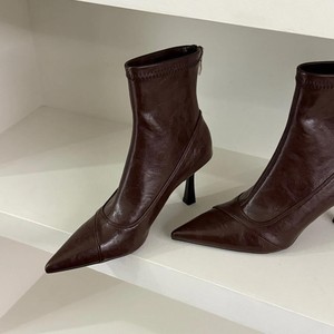 Bottines à talons aiguilles pointues style français pour femmes, en cuir marron, avec fermeture éclair, pour l'automne et l'hiver, coupe ajustée - Product Image 4