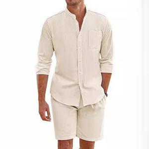 Conjuntos informales de lino de verano para hombre, camisas con cuello levantado Vintage transpirables + conjuntos de pantalones cortos, trajes de playa transpirables cómodos para hombre - Product Image 2