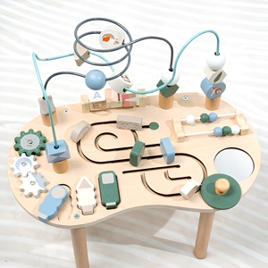 Tavolo Attività in Legno con Doppio Labirinto di Perline, Blocchi ABC, Pista Animali, Giocattoli per lo Sviluppo della Motricità Fine e l'Apprendimento Precoce, Tema Foresta per Bambini - Product Image 2