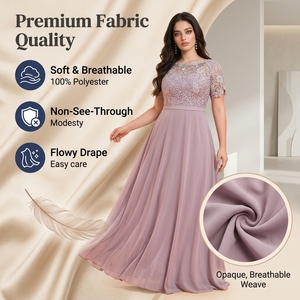 Vestido de Noche de Lujo Tallas Grandes, Color Malva Empolvado, con Encaje y Chifón, Manga Corta, Largo Maxi, para Invitadas de Boda y Banquetes - Product Image 2