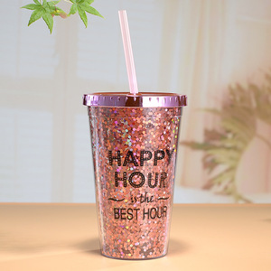 Glitter Plastic <b>Straw</b> <b>Cup</b> 450ml Electroplated <b>Lid</b> Happy Hour Design Party Drinkware - Product Image 2