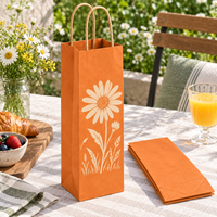 Sac cadeau pour vin en papier kraft à imprimé roue de marguerite sur le devant, pour une bouteille, avec poignées torsadées - Orange
