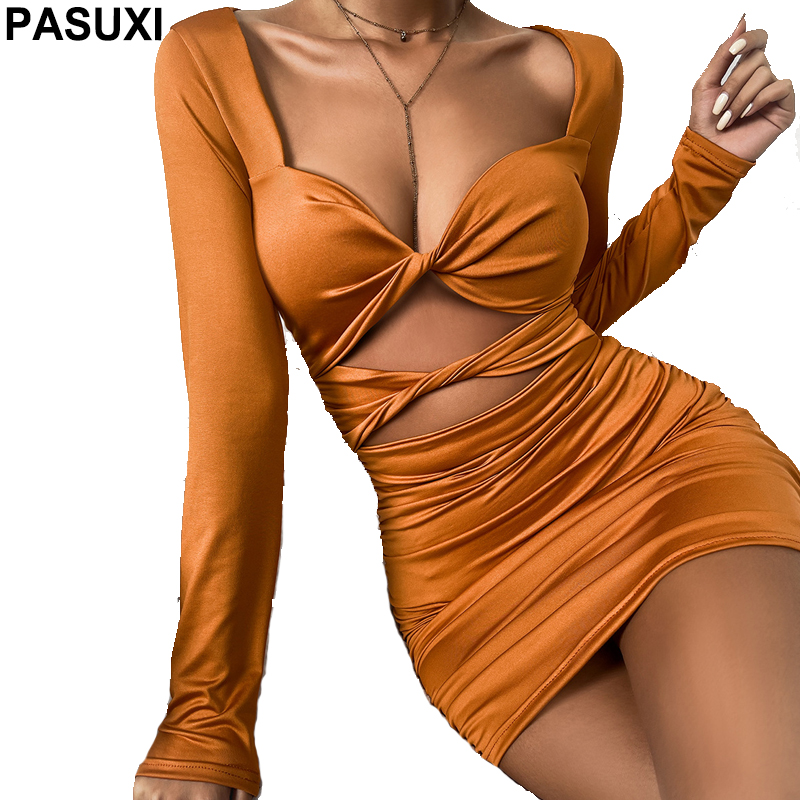 PASUXI Solid Color Long Sleeve Cut Out Dresses Women Clothing One Piece Set Sexy Fashion Ladies Casual Dress