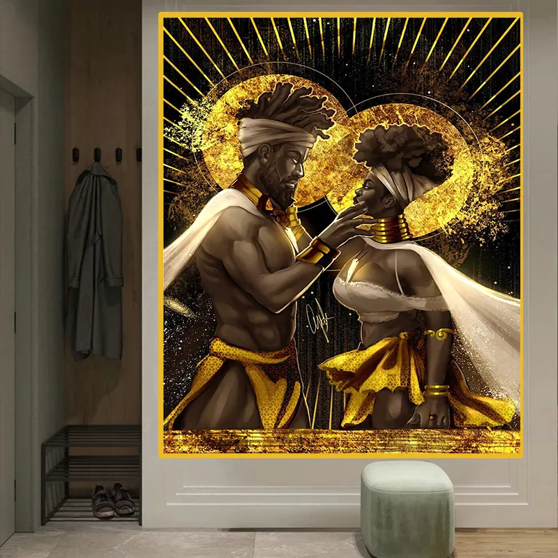 Pintura al óleo para decoración del hogar, pósteres de arte abstracto de pared para el hogar, retrato dorado de hombre y mujer negro, para sala de estar