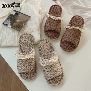 Pantuflas de algodón estilo hogareño retro con encaje floral, para las cuatro estaciones, de lino, para mujer, de ocio, para interiores, con borde de encaje coreano, para niña, con estampado floral. - Product Image 4
