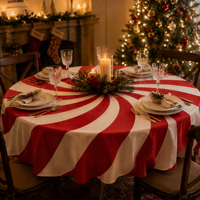 Nappe ronde en polyester à rayures rouges pour Noël, décorative pour fêtes à domicile, vente directe usine