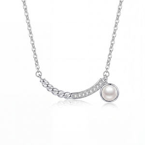 Copper Twisted <b>Rope</b> CZ Bar Freshwater Pearl Charm Necklace Curved Horizontal Minimalist Jewelry for Women - Product Image 1