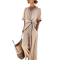 Robe longue d'été bohème à col en V, avec bordure en dentelle, à rayures et à carreaux, en mélange polyester et chanvre, à ourlet irrégulier, coupe droite et ample