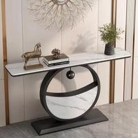Nouvelle Arrivée Table Console Elliptique Dorée en Gros de Chine, Table d'Entrée avec Plateau en Marbre et Piétement en Acier Inoxydable
