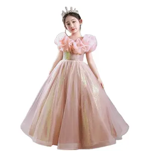 2023 Новое поступление, детское приталенное платье, кружевное свадебное платье с пышными рукавами для девочек, поставщик одежды розового цвета