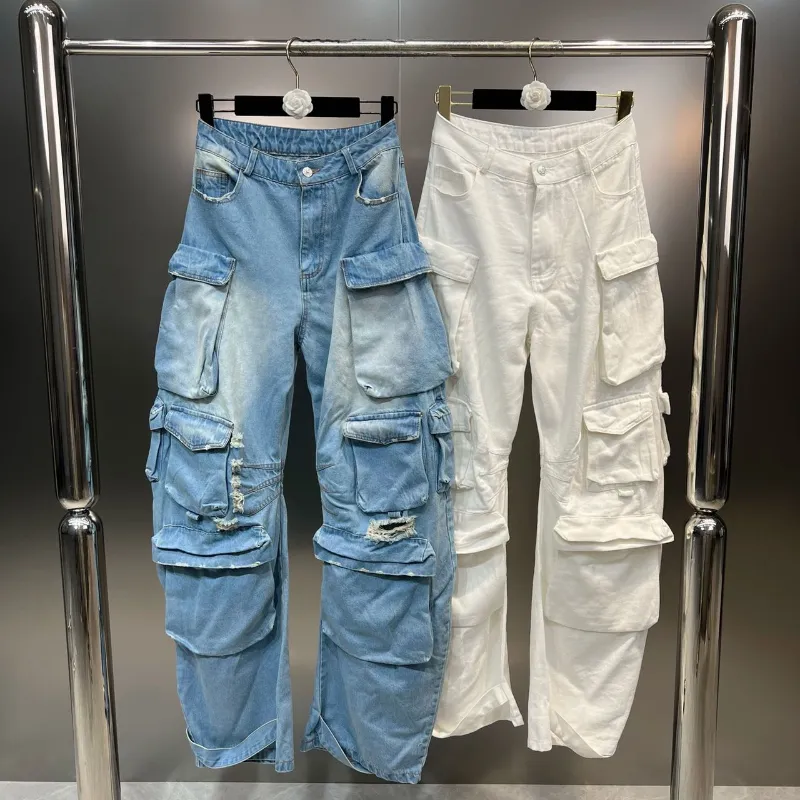 Spring and Summer 2023 Straight Trouser Slimming High Street Style Cargo Pants Fashion Denim Jeans for Women