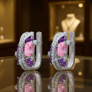 Orecchini a Cerchio E2048 con Diamante Blu Taglio Ovale, Gioielli da Donna alla Moda per Feste Romantiche, Orecchini in Lega - Product Image 2