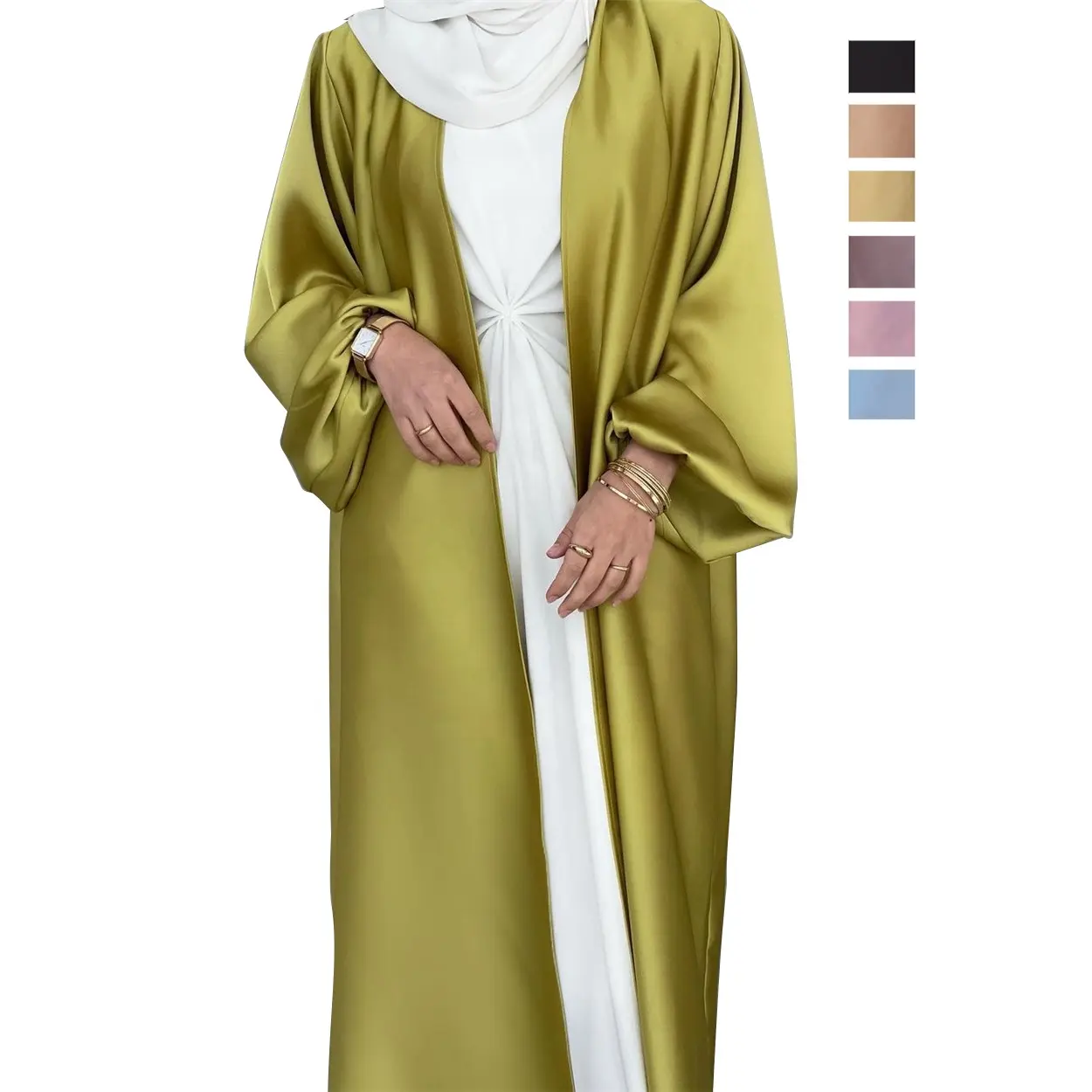 2022 атласный шелк Катар абайя Дизайн мусульманский рукав-фонарик открытая абайя Исламская мусульманская одежда