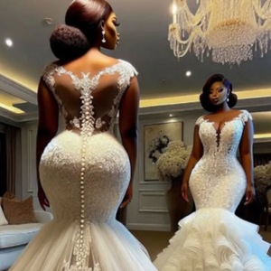 European American Style Mermaid Wedding Dress With Long Train Sweetheart Neckline Ruffles White Gown - Product Image 4