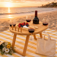 Table de pique-nique pliante ovale moderne en bambou avec rangement pour vin, idéale pour le camping et le jardin