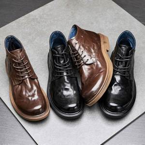 Men's Leather Boots Lace-up Zipper Styles Cowhide <b>Ankle</b> Height Outdoor-ready Autumn Round-toe Boots - Product Image 1