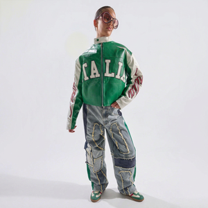 Veste de sport en cuir véritable vert et blanc, en cuir PU, coupe-vent, manches longues, col montant, fermeture éclair, logo imprimé, pour femmes - Product Image 1