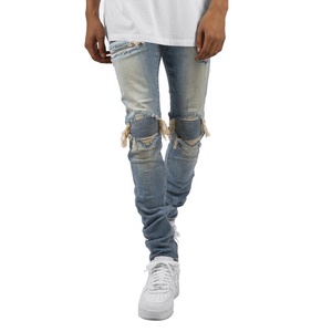 MC BUILD <span class=keywords><strong>Pantalon</strong></span> <span class=keywords><strong>skinny</strong></span> en denim de style streetstyle personnalisé déchiré Jeans de motard avec genouillère Jeans délavés à coupe droite - Product Image 2