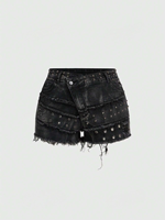 Shorts en jean noir délavé pour femme, style gothique, taille asymétrique, avec rivets, œillets, bords effilochés et déchirés