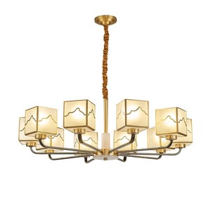 Lustre moderne minimaliste de style chinois tout en cuivre, taille moyenne, LED, luxe, salon, salle à manger, luminaire en verre - Product Image 5