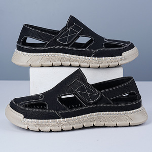 Sandales en cuir pour hommes, fermeture Velcro, respirantes, à semelle souple, à enfiler, chaussures de conduite, marron, taille 40 - Product Image 3