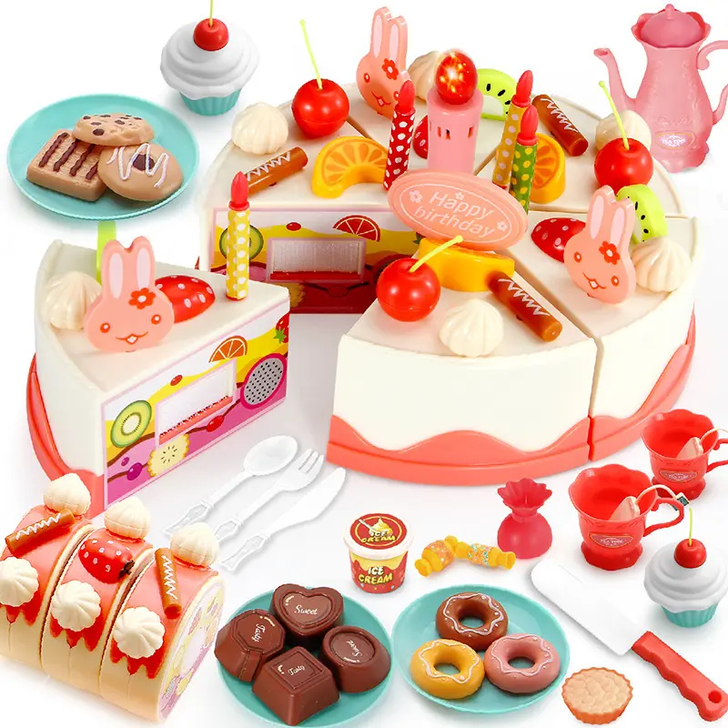 Hot selling diy cartoon birthday cake toy kids pretend play cutting toy tea time kitchen toys