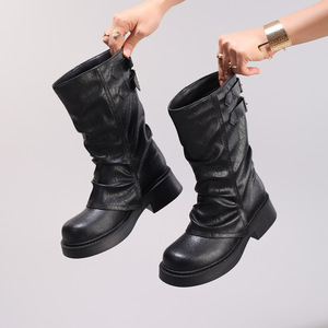 Botas Cortas de Invierno 2025, Color Sólido, Punta Redonda, Suela Gruesa, Estilo Retro, Ajustadas, Arrugadas, Elásticas, Sin Cordones - Product Image 5