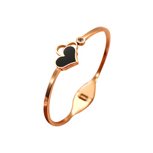 <b>Rose</b> Gold PVD Plated Stainless Steel Cuff Bangle with <b>Black</b> Heart Design for Women | Hypoallergenic, Waterproof & Non-Fading - Product Image 1