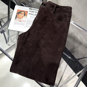 Nouveaux pantalons en <span class=keywords><strong>cuir</strong></span> pour femmes, pantalons en <span class=keywords><strong>cuir</strong></span> de mouton véritable, pantalons longs en daim marron - Product Image 3