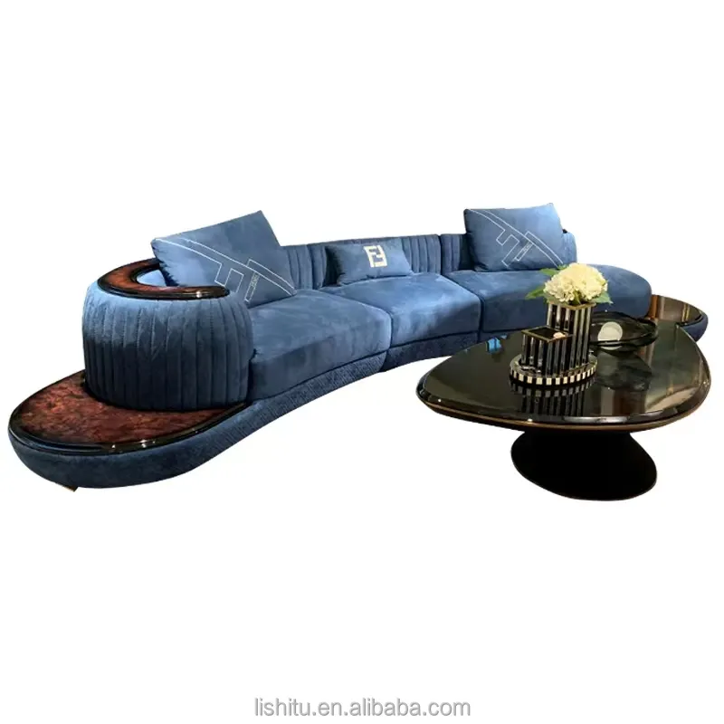 Фабричная Современная зона ожидания, мебель для лобби отеля, синяя матовая ткань, деревянный комфортный диван в форме дуги