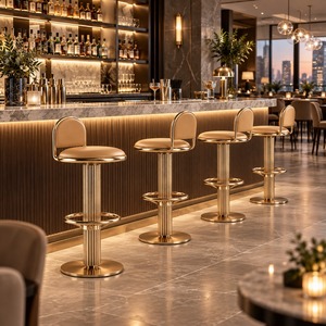 Taburete de Bar Moderno de Metal Dorado con Base de Columna Acanalada, Asiento y Respaldo de Cuero - Product Image 2