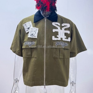เสื้อเชิ้ตทำงานผ้าแคนวาสแบบมีซิป แขนสั้น สไตล์สตรีทแวร์ลำลอง ปักโลโก้ป้ายแบรนด์ส่วนตัว สำหรับผู้ชาย - Product Image 5