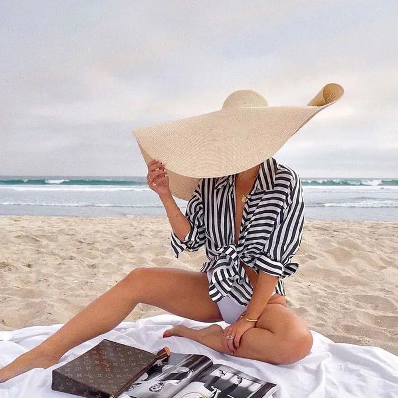 WDD65 Summer Sun Protection Visor Women Floppy Beach Straw Hat Large Brim Oversized Straw Hat