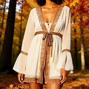 Oferta en Temu: Mono bohemio de moda con cuello en V profundo, mangas largas acampanadas, ribete de encaje y cinturón ancho para mujer, ropa informal. - Product Image 6