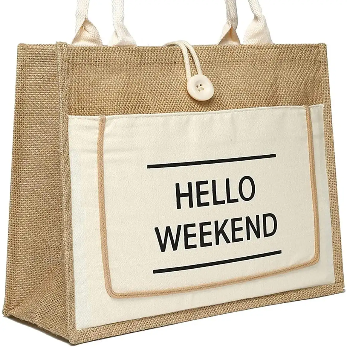 Wholesale promotional colorful design burlap jute tote bags with pockets reusable and eco-friendly
