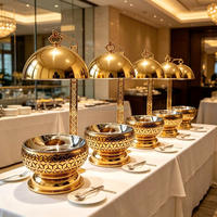 Pemanas Makanan untuk Pesta Pernikahan, Wadah Sajian Mewah Elegan Warna Emas dengan Tutup Kaca Gantung, Chafing Dish Emas