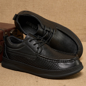 AIBUQIS Chaussures bateau pour hommes en cuir véritable, bout rond, à lacets, respirantes, décontractées d'été, semelle extérieure en caoutchouc, semelle intermédiaire en EVA - Product Image 1