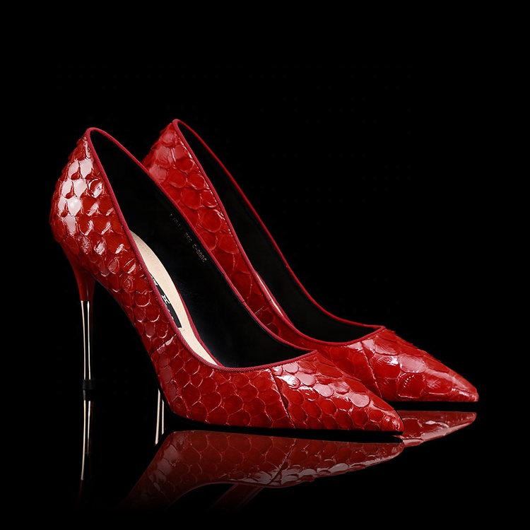 Роскошные женские туфли из красной кожи питона на высоком каблуке с острым металлическим каблуком 10 см