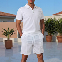 Ensemble polo et short en maille gaufrée pour homme, chemise à manches courtes avec demi-zip et short assorti, tenue décontractée d'été pour les vacances, ensemble 2 pièces