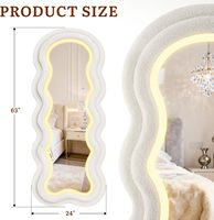 Miroir décoratif moderne ondulé pleine longueur, irrégulier, avec éclairage 3 couleurs réglable, anti-explosion, cadre de luxe en velours Teddy