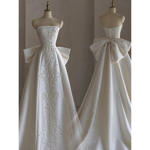 Appliques Simple Satin <strong>Bride</strong> Strapless Satin Bridal <strong>Gowns</strong> Large Size Bow Wedding Dresses - Product Image 6