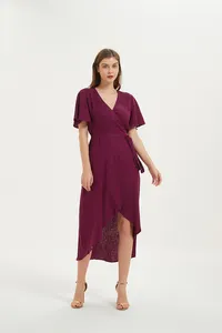 فستان نسائي من الكتان عالي الجودة, فستان نسائي صيفي من قطعة واحدة بفتحة جانبية وفتحة رقبة على شكل حرف v
