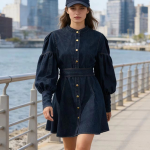 Vestido casual ajustado de mezclilla azul con cintura alta y cordones, estilo streetwear, elegante, para mujer, otoño - Product Image 2