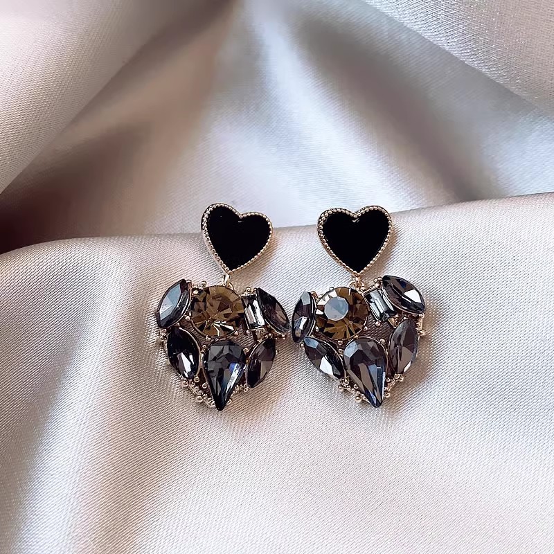 A1416 Argent [Diamant Set Noir Amour Boucles d'oreilles]