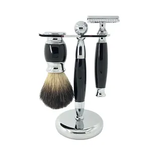 Supplier Wholesale Black Badger Hair Knot Classic Black Handle Metal Stand Shaving Brush And Double Edge Safety Razor Set