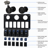 Panneau de commande DC 12V 24V avec 6 boutons, 3 prises, hub USB et voltmètre pour voiture et bateau