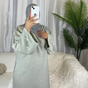 Ramadan EID Custom Embroidered Moon Cuff Abaya New Embroidered Islamic Symbol Moon and <strong>Star</strong> Sleeves Linen Polyester Abaya <strong>Dress</strong> - Product Image 3