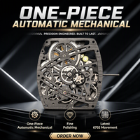 Montre Homme Haut de Gamme en Fibre de Carbone Tonneau, Bracelet Élastique Bleu, 6702, Squelette Intégré, Mouvement Automatique Mécanique, Montre Sport Décontractée
