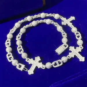 Desain Mode Kalung liontin salib bola berlian Iced Out 5A CZ Moissanite Vsv perak murni 925 berlapis Rhodium untuk hadiah