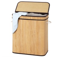 Panier à linge rectangulaire en bambou à double pliage avec couvercle et doublure amovible